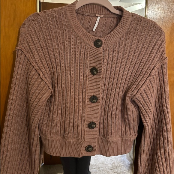 Free People Ribbed Cardigan in Mocha - Picture 6 of 7